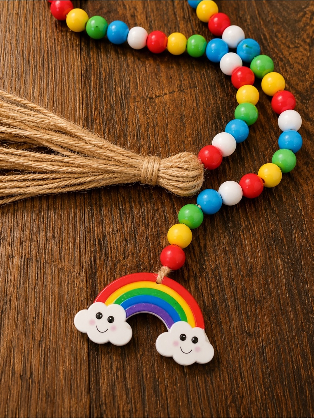 Rainbow Wood Bead Garland‎ With Tassel & Rainbow Cloud Attached